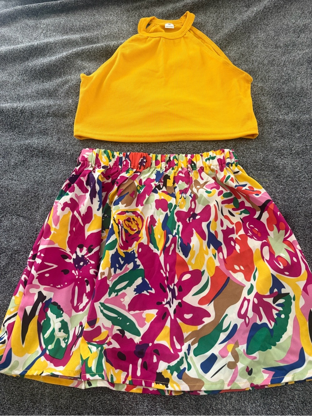 Yellow Ribbed Halter Top and Multicolor Floral Skirt Set - Kids